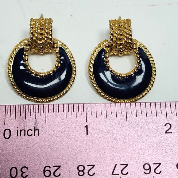 Vintage Door Knocker Earrings Nautical Posts 7/8 in. Navy Blue Gold - Picture 4 of 5